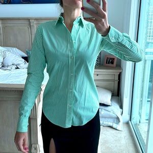 Ralph Lauren size 4 slim fit green and white striped cotton button down shirt